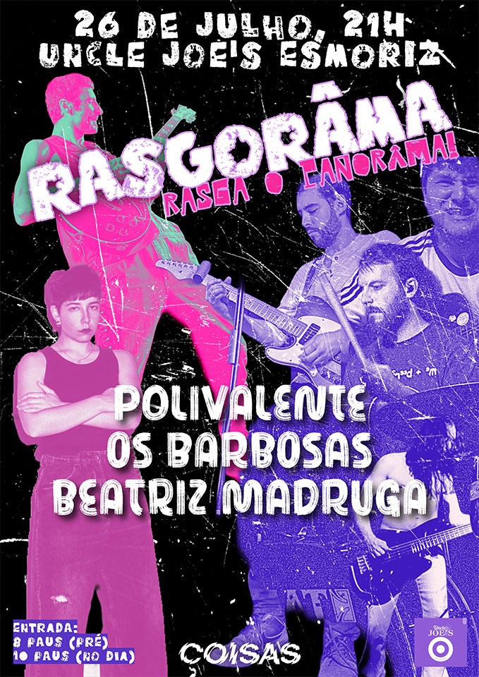 Cartaz do Rasgorâma, com Polivalente, Os Barbosas e Beatriz Madruga. Organização Coisas Coletivo