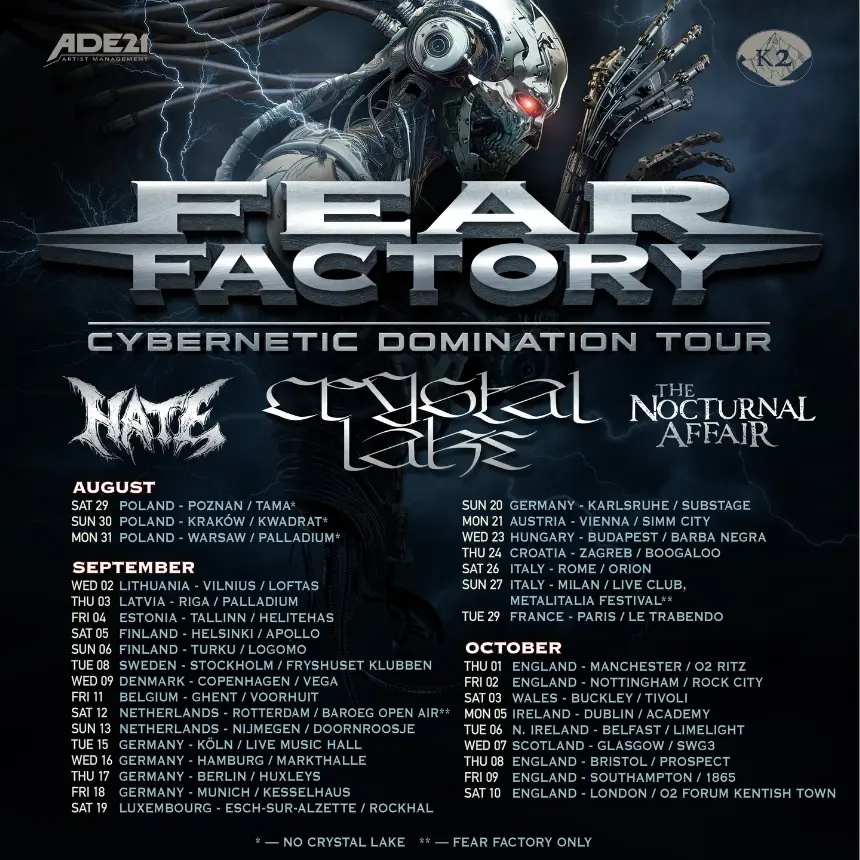 Imagem - Fear Factory: Dino Cazares antecipa novo álbum da banda 2 Fear Factory, cartaz da tour europeia "Cybernetic Domination"