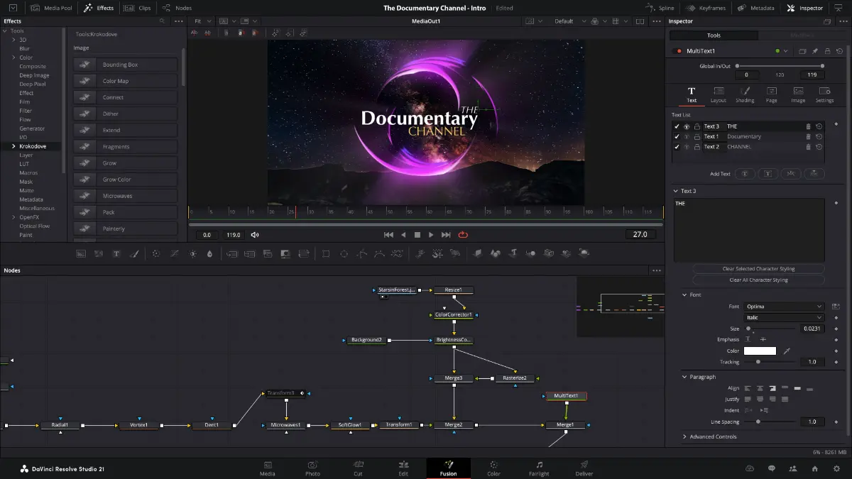 DaVinci Resolve 21.1 - modo/página Fusion, onde podes aplicar técnicas avançadas de edição e post.
