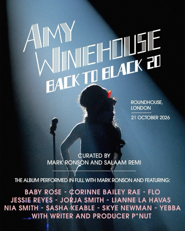 Imagem - Banda de Amy Winehouse anuncia concerto tributo para celebrar os 20 anos de 'Back To Black' 2 Amy Winehouse, Cartaz do concerto de tributo "Back to Black 20"