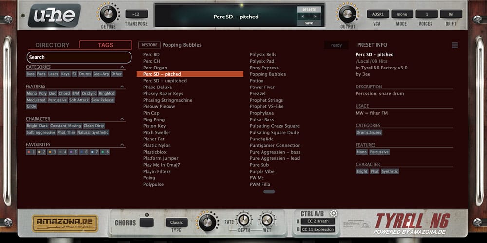 Foto Sintetizador Gratuito Tyrell N6, Library / Creditos u-he.com