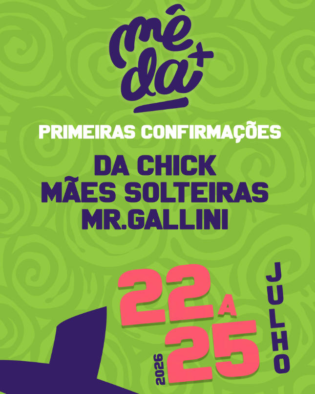Cartaz das primeiras confirmações do Festival Mêda+ 2026.